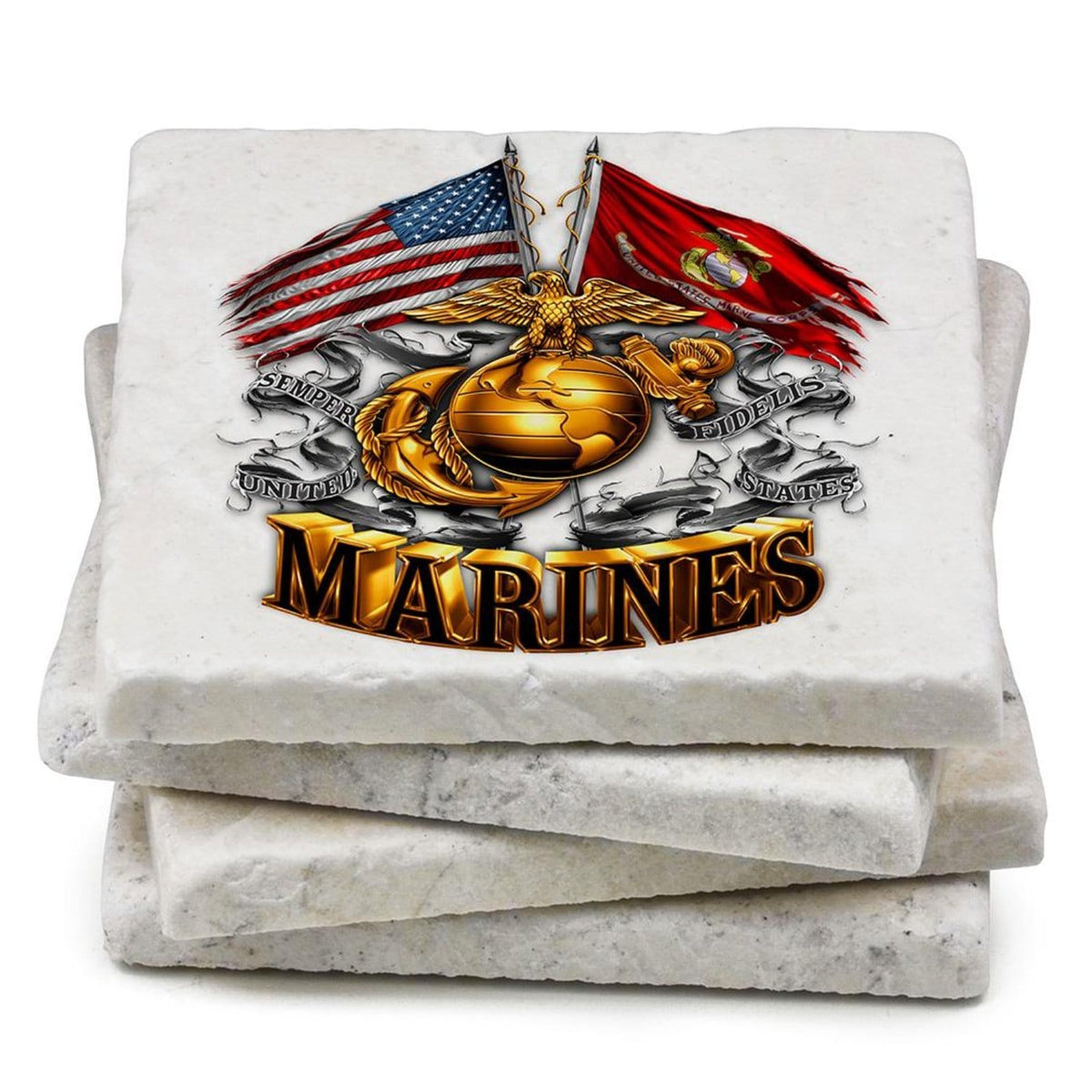 Double Flag Gold Glob Marine Corps Coaster Ivory
