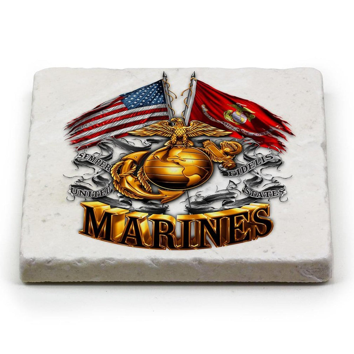 Double Flag Gold Glob Marine Corps Coaster Ivory