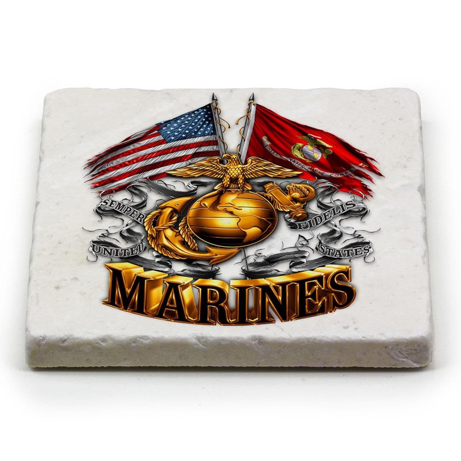 Double Flag Gold Glob Marine Corps Coaster Ivory