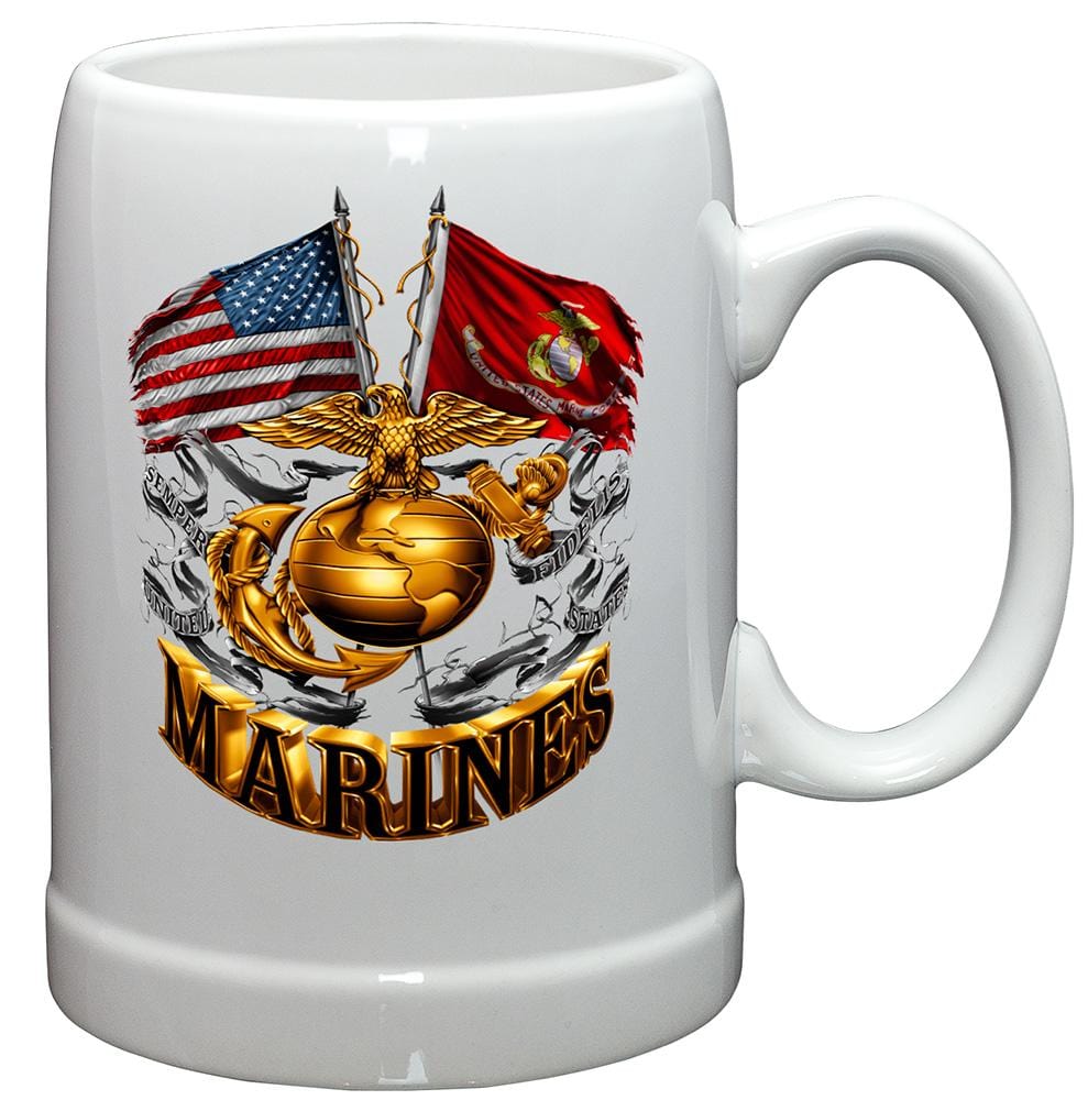 USMC Double Flag Gold Globe Marine Corps Stoneware White Coffee Mug Gift Set