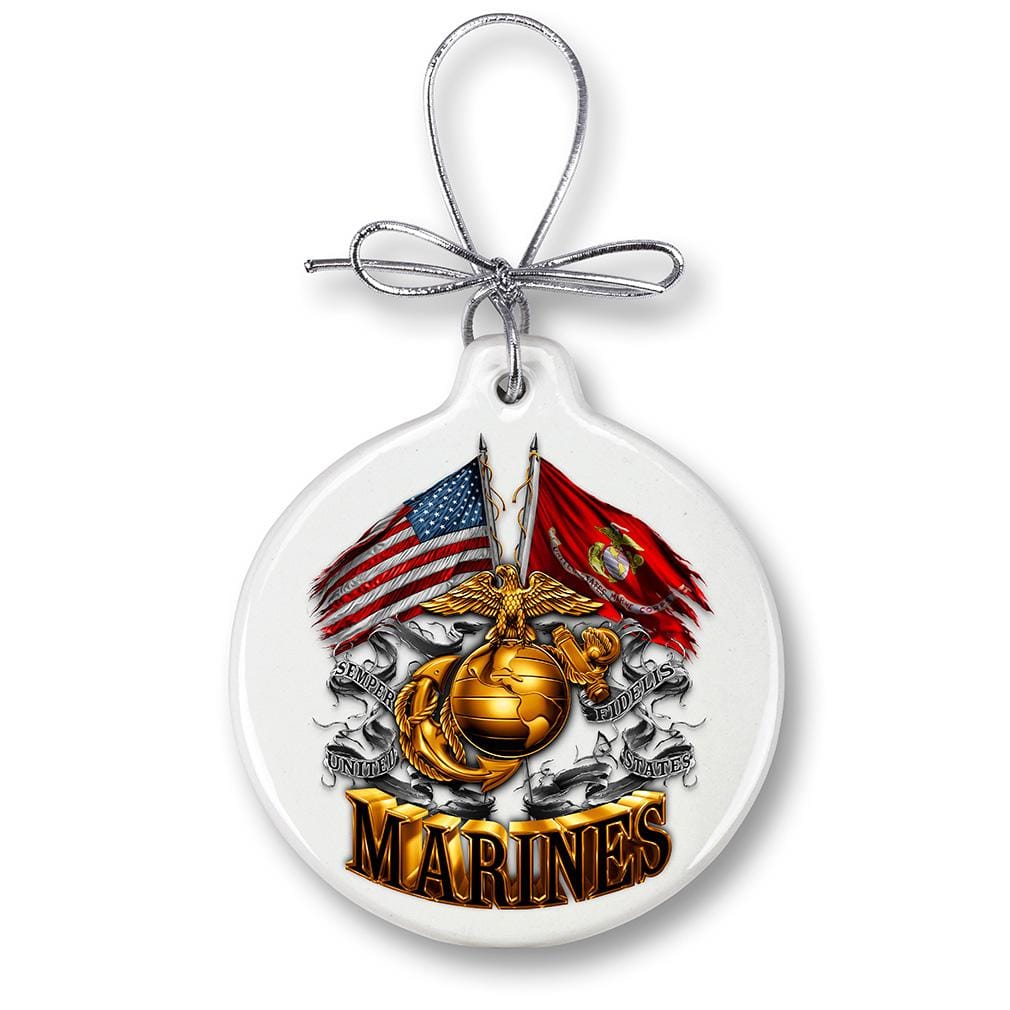 USMC Marine Corps Double Flag Gold Globe Christmas Tree Ornaments