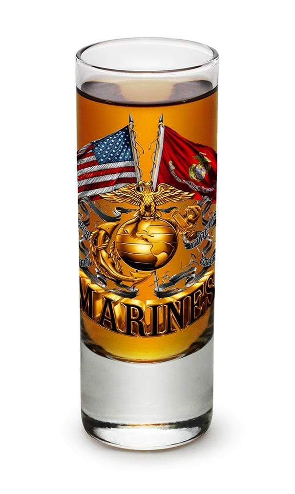 Double Flag Gold Globe Marine Corps 2oz Shooter Shot Glass Glass Set