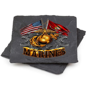 More Picture, Double Flag Gold Glob Marine Corps Coaster Black