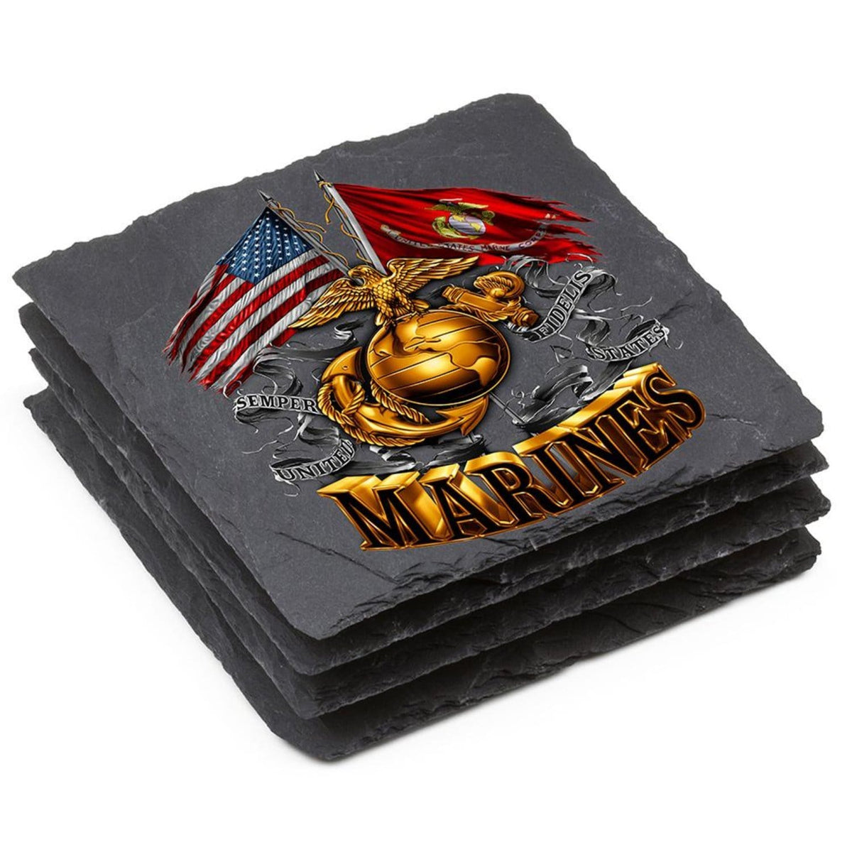 Double Flag Gold Glob Marine Corps Coaster Black