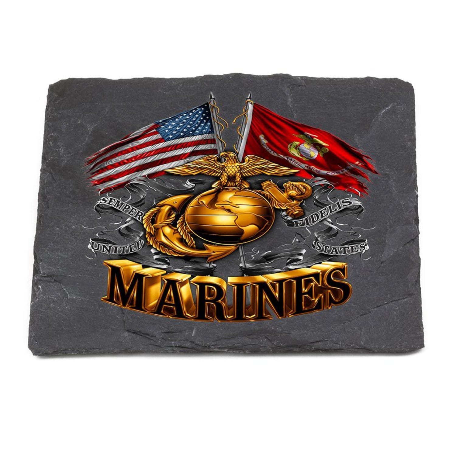Double Flag Gold Glob Marine Corps Coaster Black