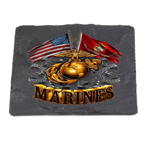 More Picture, Double Flag Gold Glob Marine Corps Coaster Black