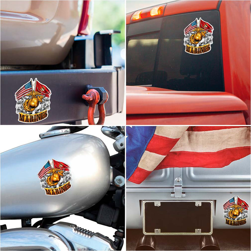 Double Flag Gold Globe Marine Corps Reflective Decal