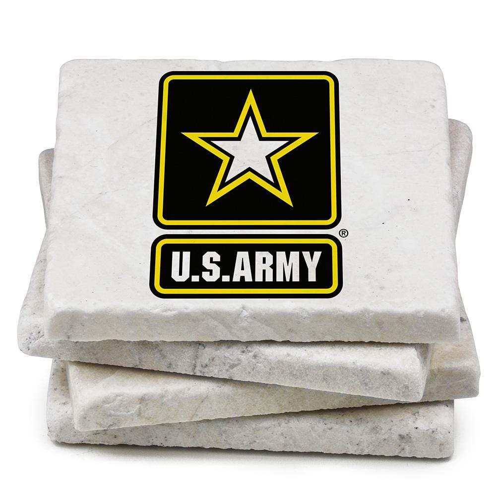US Army Logo Ivory Tumbled Marble 4IN x 4IN Coaster Gift Set