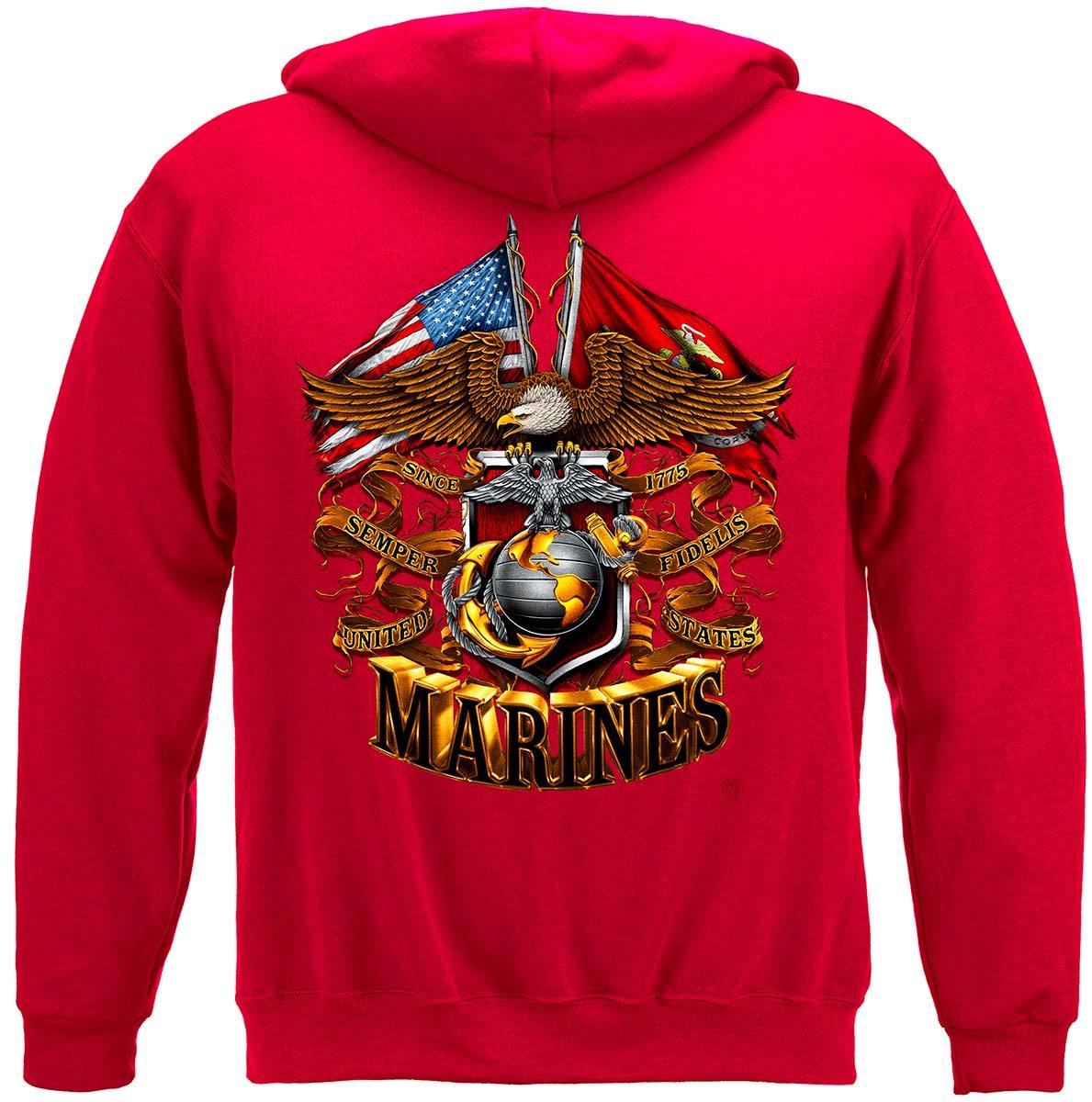 USMC Double Eagle And Flags Foil Stamp Premium Hooded Sweat Shirt