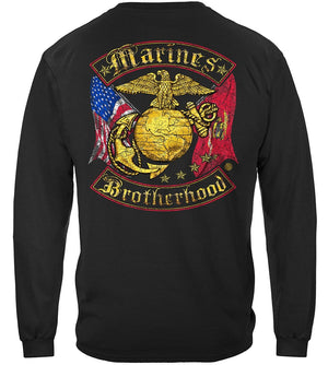 More Picture, USMC Marines Double Flag Brotherhood Distressed Gold Foil Premium T-Shirt