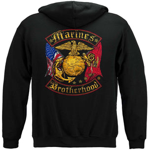 More Picture, USMC Marines Double Flag Brotherhood Distressed Gold Foil Premium Hooded Sweat Shirt