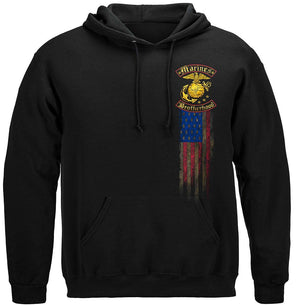More Picture, USMC Marines Double Flag Brotherhood Distressed Gold Foil Premium T-Shirt