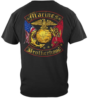 More Picture, USMC Marines Double Flag Brotherhood Distressed Gold Foil Premium T-Shirt