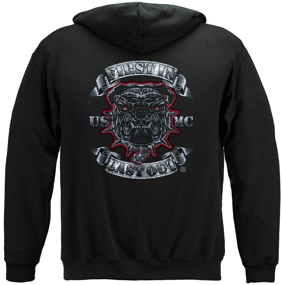 USMC First In Last Out Silver Foil Bull Dog Premium Hooded Sweat Shirt