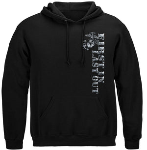 More Picture, USMC First In Last Out Silver Foil Bull Dog Premium Hooded Sweat Shirt