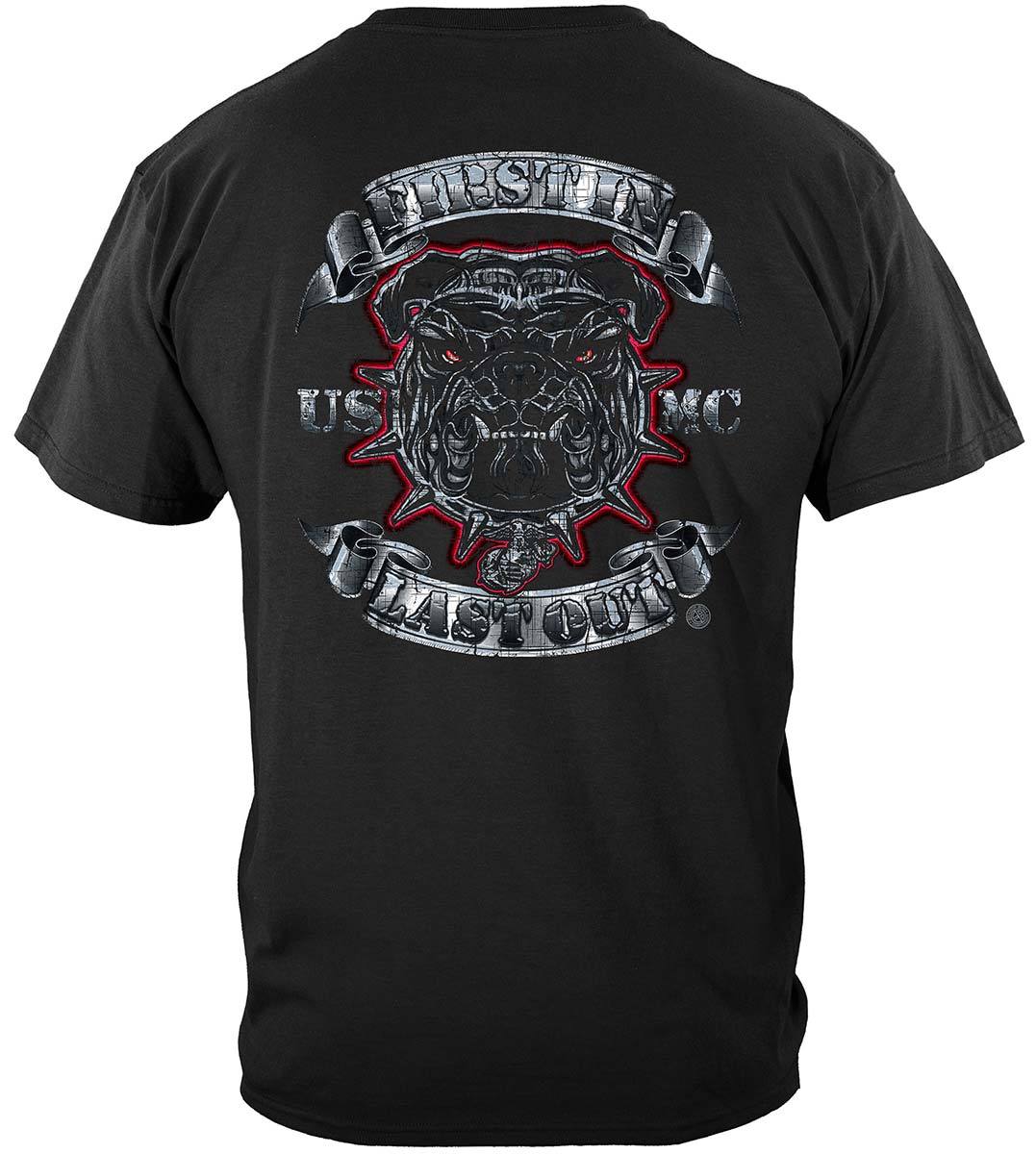 USMC First In Last Out Silver Foil Bull Dog Premium T-Shirt