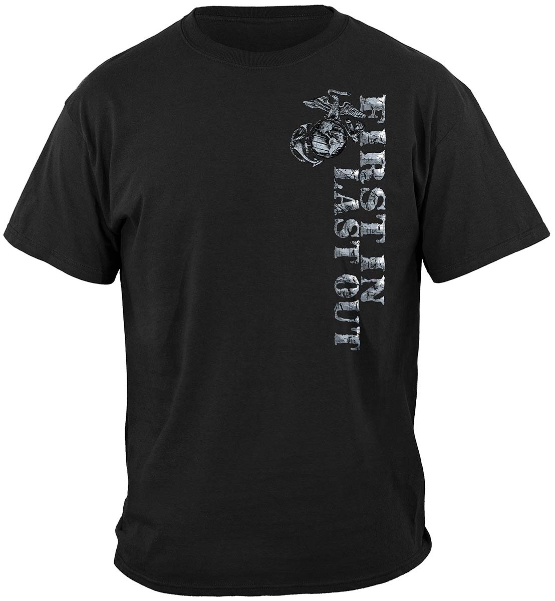 USMC First In Last Out Silver Foil Bull Dog Premium T-Shirt