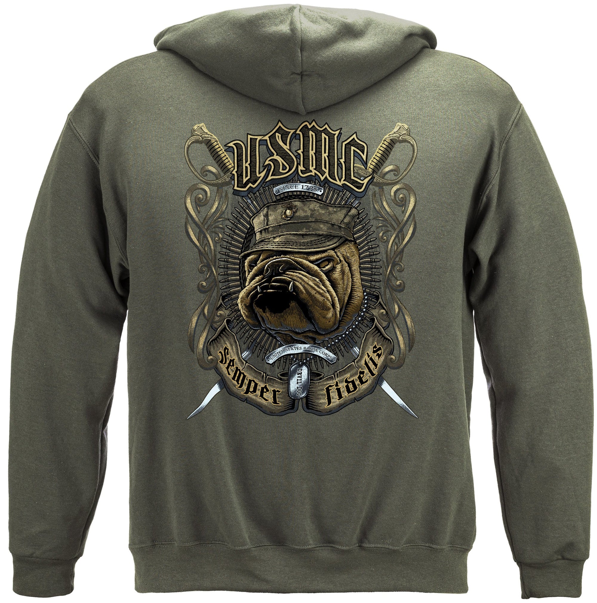 USMC Bull Dog Crossed Swords Premium Hooded Sweat Shirt