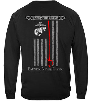 More Picture, Marine Corps USMC Thin Red Line American Flag Earned Never Given Premium Hooded Sweat Shirt