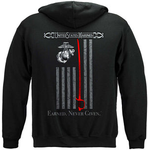 More Picture, Marine Corps USMC Thin Red Line American Flag Earned Never Given Premium Hooded Sweat Shirt