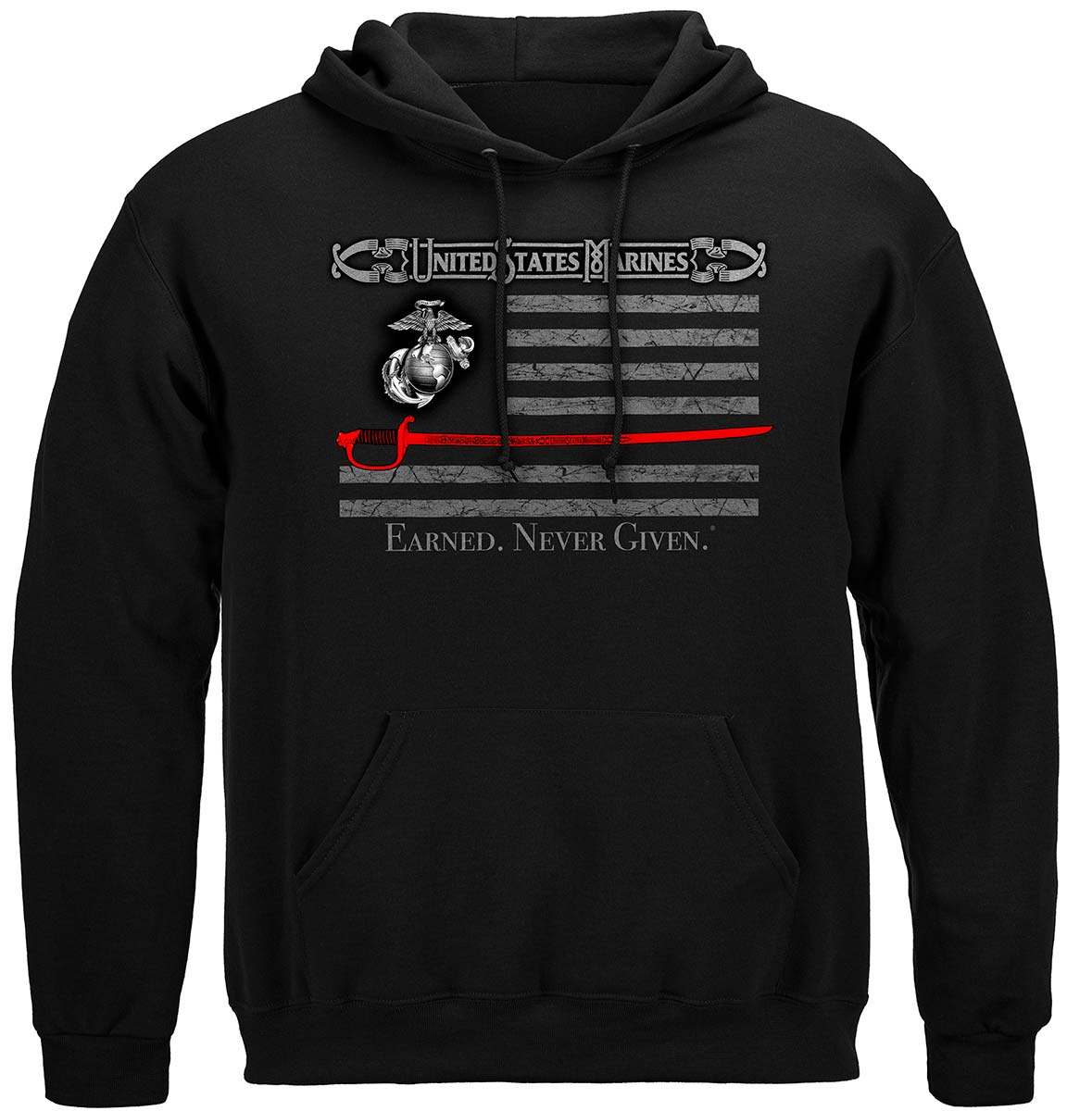 Marine Corps USMC Thin Red Line American Flag Earned Never Given Premium Hooded Sweat Shirt