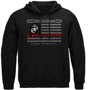 More Picture, Marine Corps USMC Thin Red Line American Flag Earned Never Given Premium Hooded Sweat Shirt
