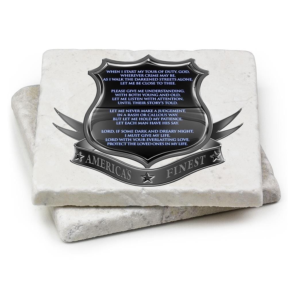 Law Enforcement Policeman&#39;s Prayer Ivory Tumbled Marble 4IN x 4IN Coasters Gift Set