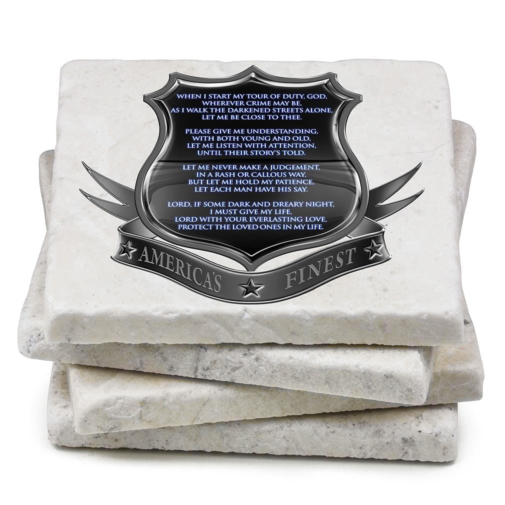 Law Enforcement Policeman&#39;s Prayer Ivory Tumbled Marble 4IN x 4IN Coasters Gift Set