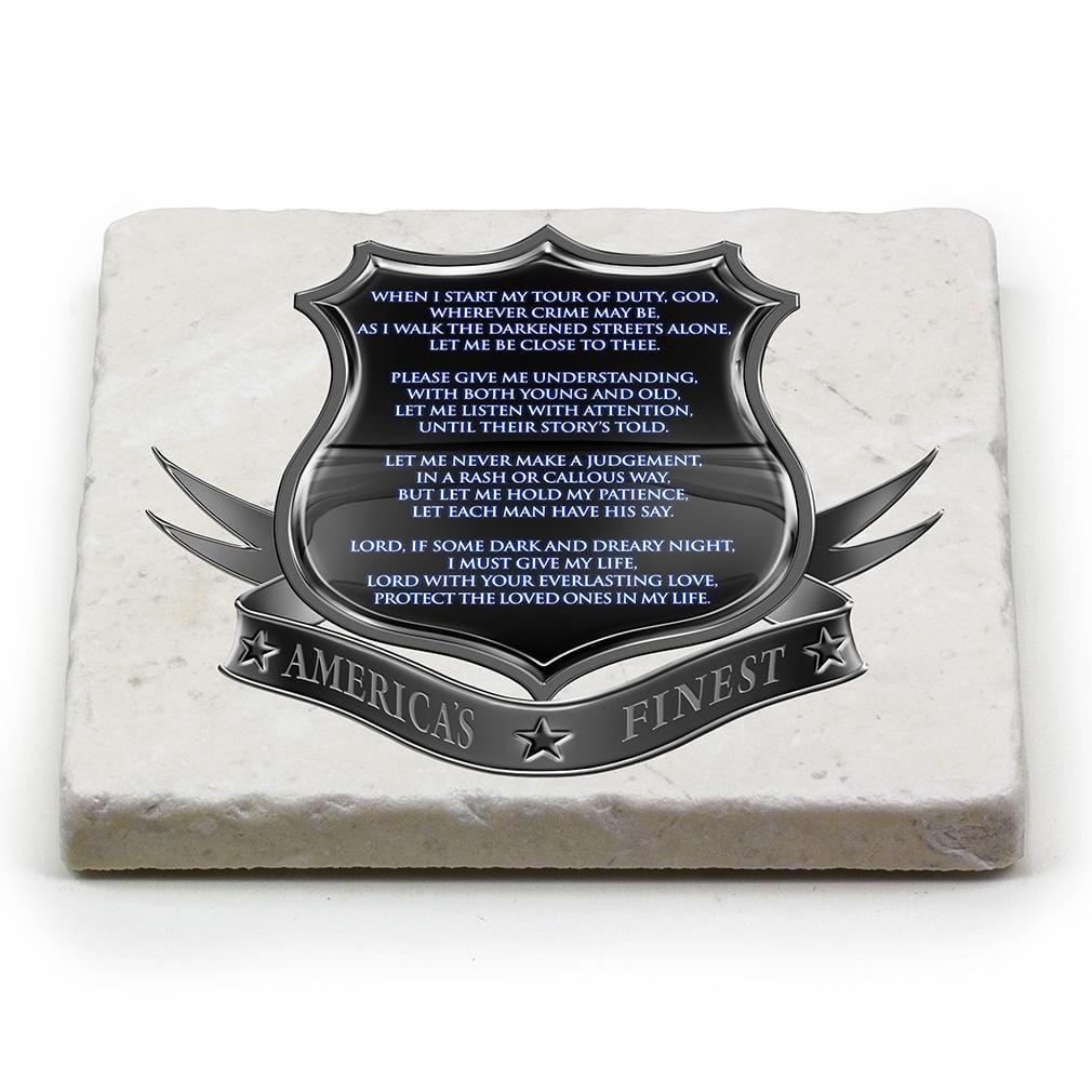 Law Enforcement Policeman's Prayer Ivory Tumbled Marble 4IN x 4IN Coasters Gift Set