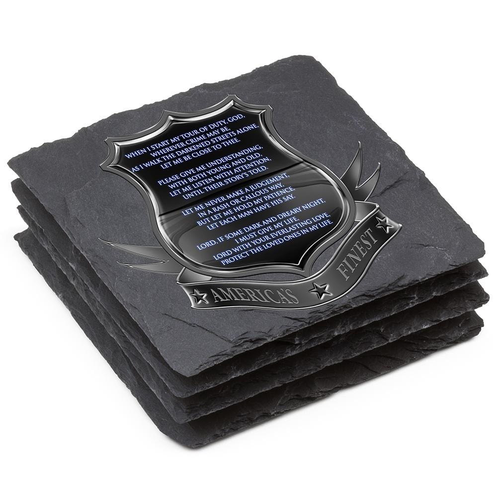 Law Enforcement Policeman&#39;s Prayer Black Slate 4IN x 4IN Coasters Gift Set