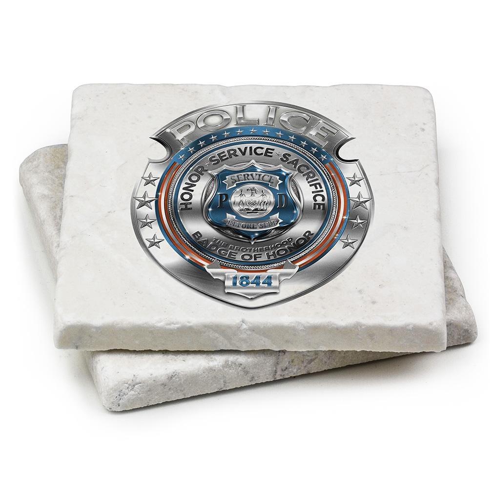 Law Enforcement Police Honor Courage Sacrifice Badge Ivory Tumbled Marble 4IN x 4IN Coasters Gift Set