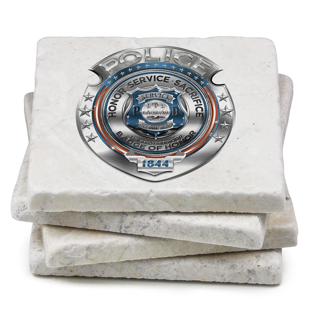Law Enforcement Police Honor Courage Sacrifice Badge Ivory Tumbled Marble 4IN x 4IN Coasters Gift Set