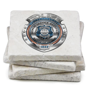 More Picture, Law Enforcement Police Honor Courage Sacrifice Badge Ivory Tumbled Marble 4IN x 4IN Coasters Gift Set