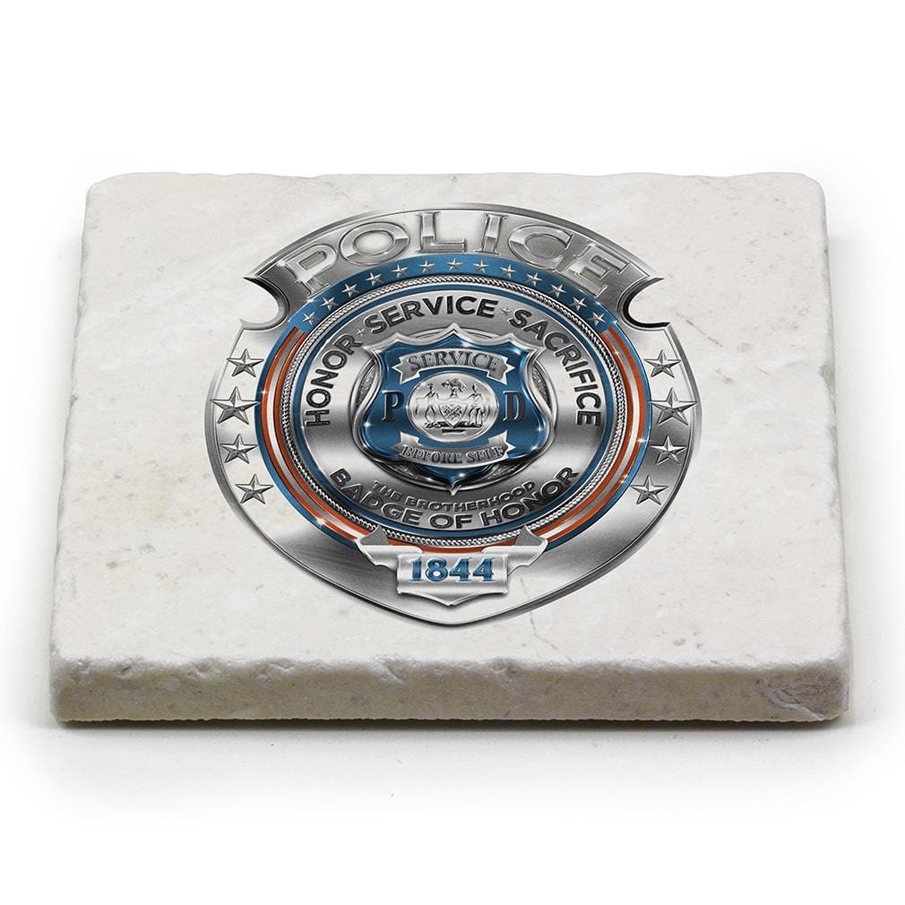 Law Enforcement Police Honor Courage Sacrifice Badge Ivory Tumbled Marble 4IN x 4IN Coasters Gift Set