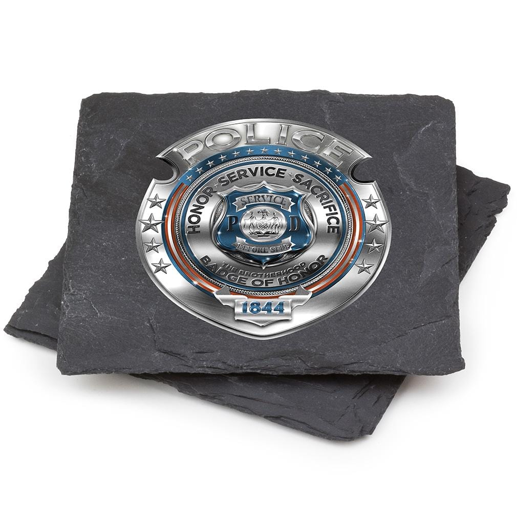 Law Enforcement Police Honor Courage Sacrifice Badge Black Slate 4IN x 4IN Coasters Gift Set
