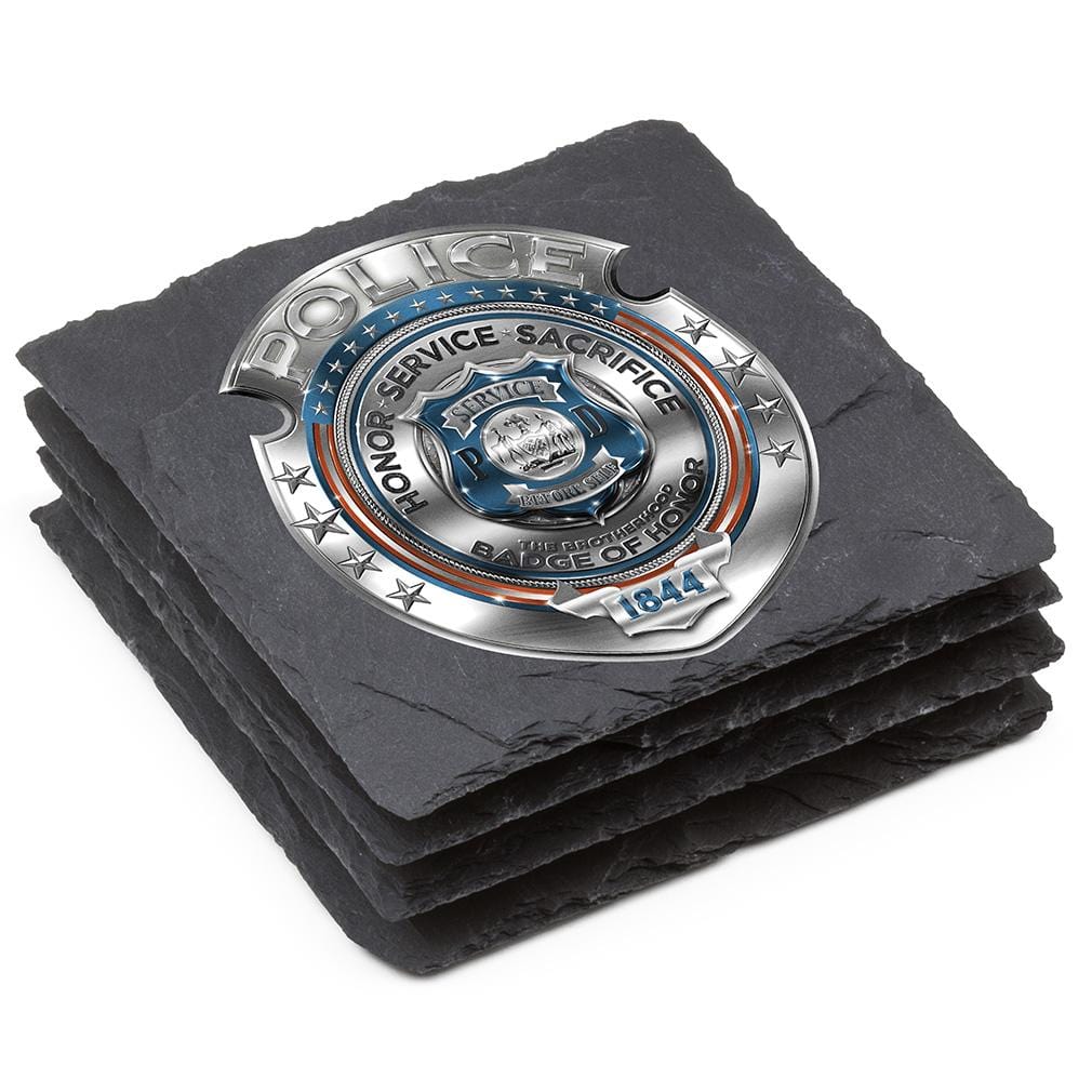 Law Enforcement Police Honor Courage Sacrifice Badge Black Slate 4IN x 4IN Coasters Gift Set