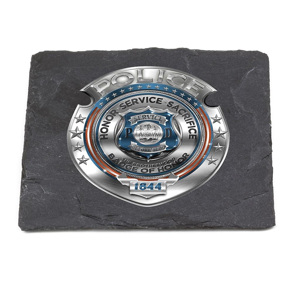 Law Enforcement Police Honor Courage Sacrifice Badge Black Slate 4IN x 4IN Coasters Gift Set