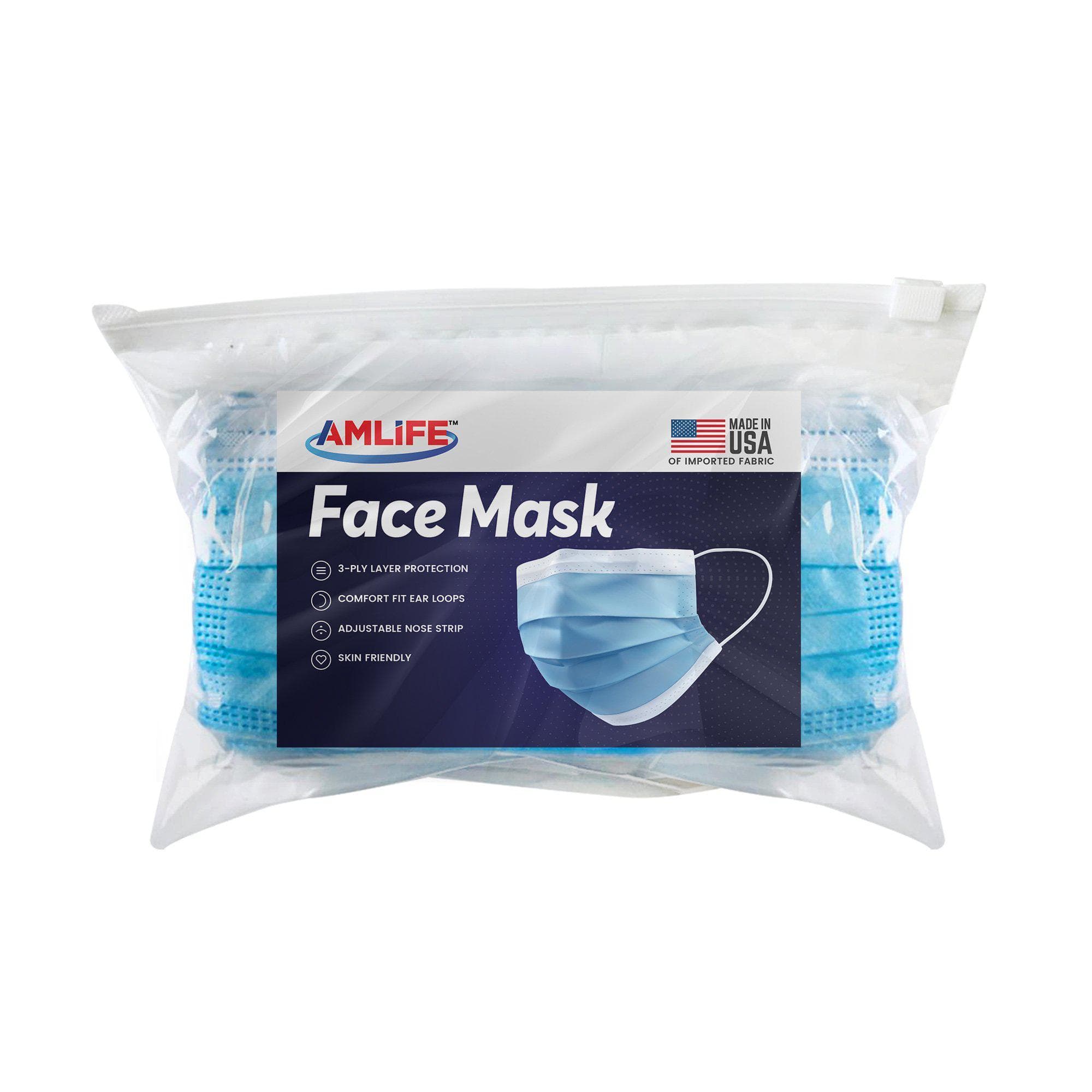 Amlife 50 Pack Face Mask Blue Made in USA Imported Fabric