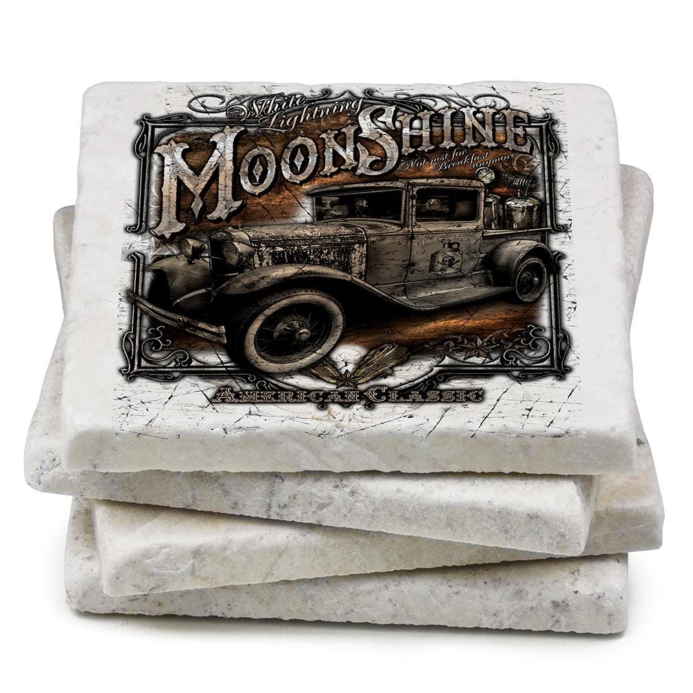 Worker Moon Shine Truck Ivory Tumbled Marble 4IN x 4IN Coasters Gift Set