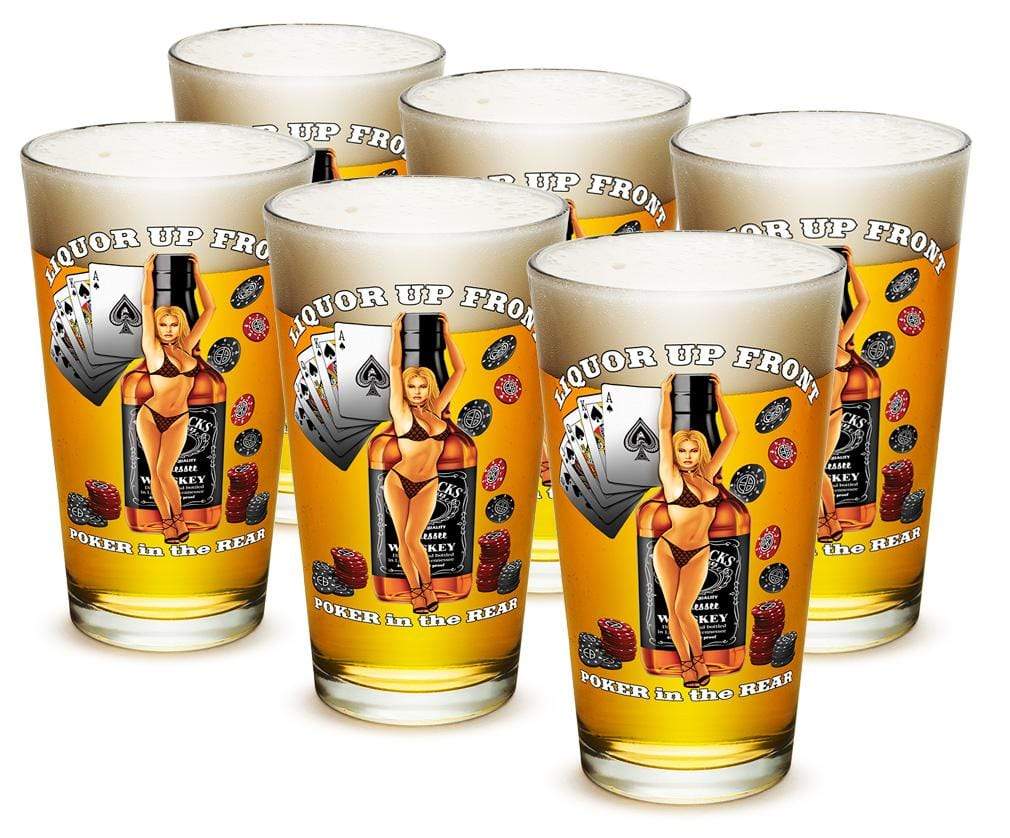 Liquor up front poker in the Rear 16oz Pint Glass Glass Set