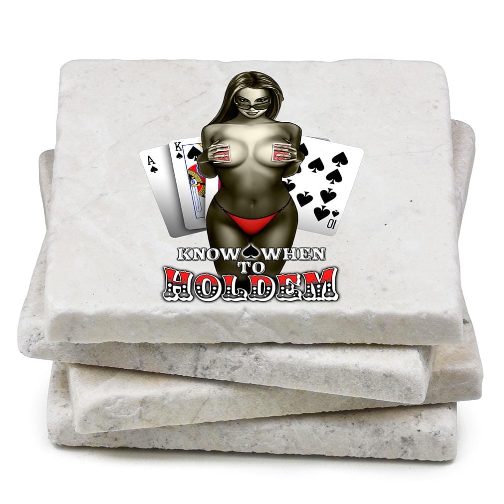 Poker Know When To Hold Them Ivory Tumbled Marble 4IN x 4IN Coasters Gift Set