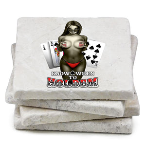 More Picture, Poker Know When To Hold Them Ivory Tumbled Marble 4IN x 4IN Coasters Gift Set