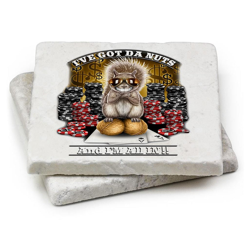 Poker Got the Nutz Ivory Tumbled Marble 4IN x 4IN Coasters Gift Set
