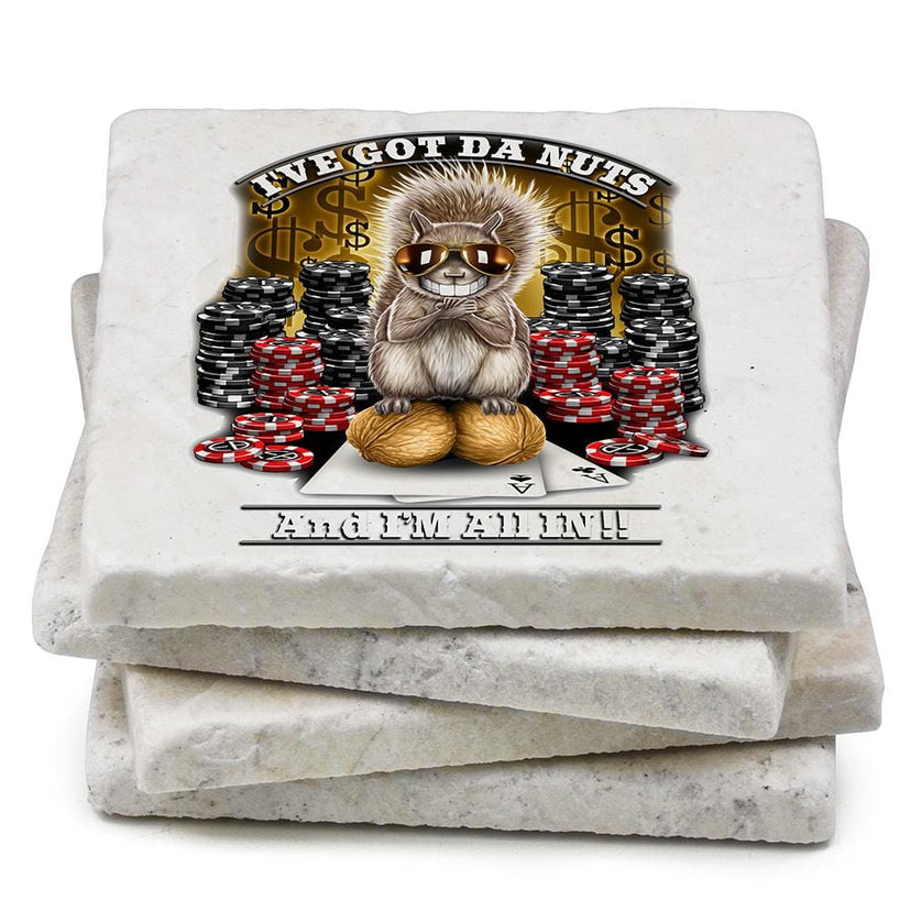 Poker Got the Nutz Ivory Tumbled Marble 4IN x 4IN Coasters Gift Set