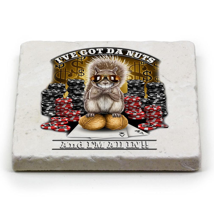 Poker Got the Nutz Ivory Tumbled Marble 4IN x 4IN Coasters Gift Set