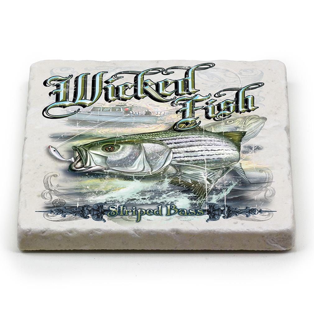 Fishing Striped Bass Ivory Tumbled Marble 4IN x 4IN Coasters Gift Set