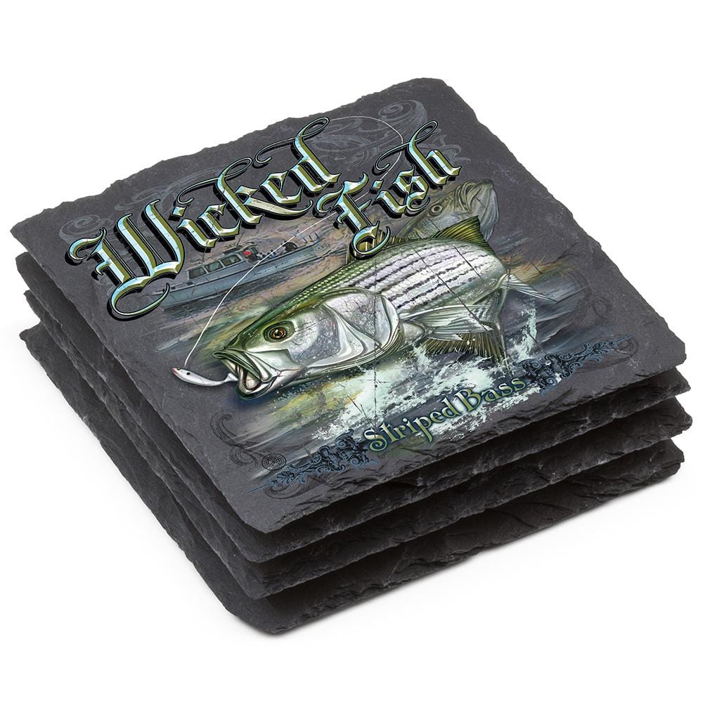 Fishing Striped Bass Black Slate 4IN x 4IN Coasters Gift Set