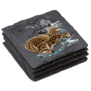 More Picture, Fishing Wicked Fuke Black Slate 4IN x 4IN Coasters Gift Set