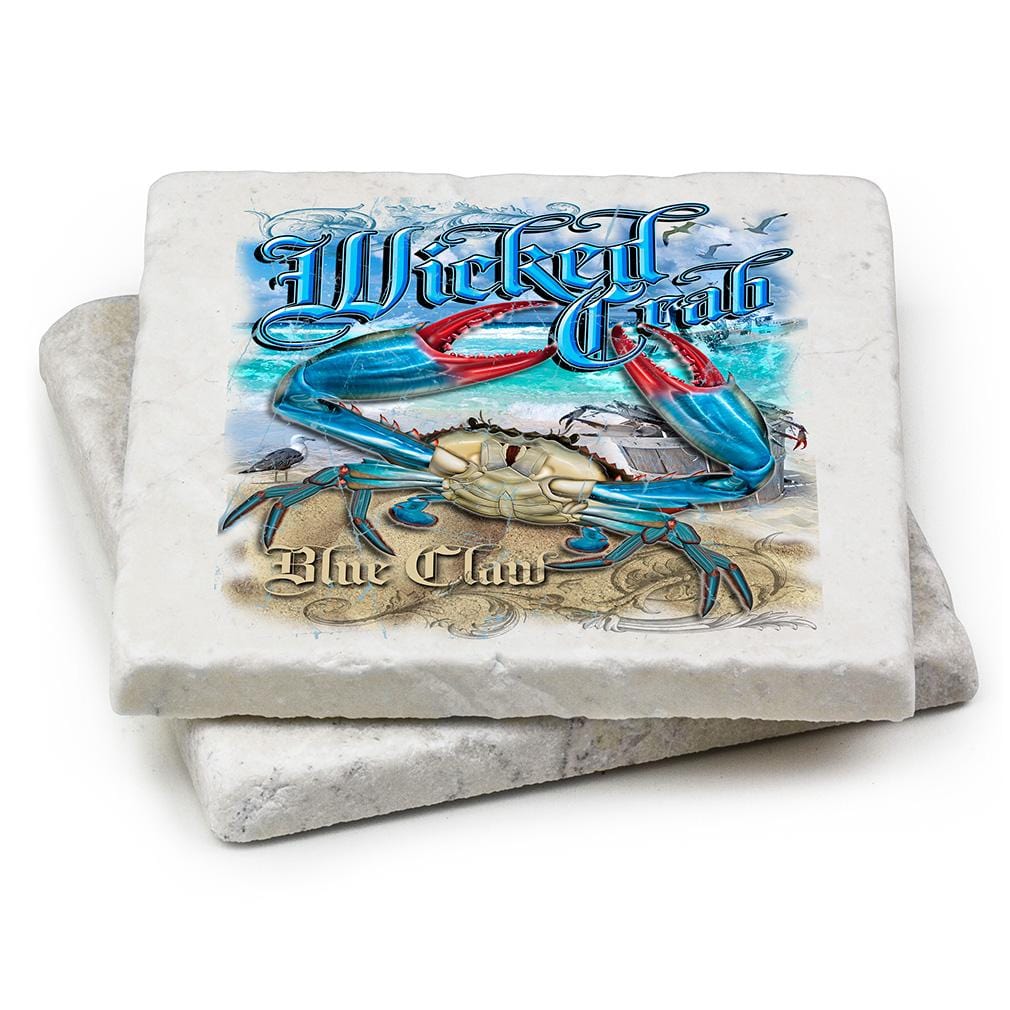 Fishing Wicked Crab Light Blue Ivory Tumbled Marble 4IN x 4IN Coasters Gift Set