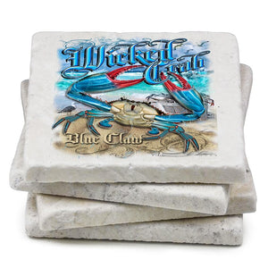 More Picture, Fishing Wicked Crab Light Blue Ivory Tumbled Marble 4IN x 4IN Coasters Gift Set